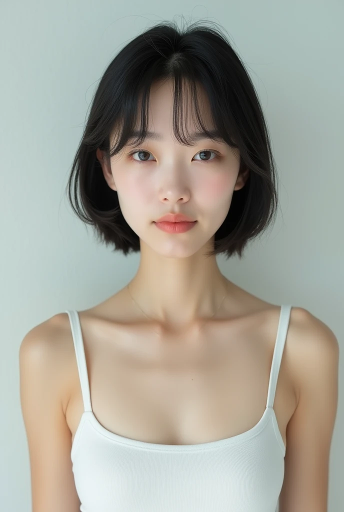 Japanese woman, 30 years old, very short hair, streight face showing no emotion, looking into camera, tank top, no bra, standing streight, frontal view, highly detailed face, high resolution, no make-up, photorealistic