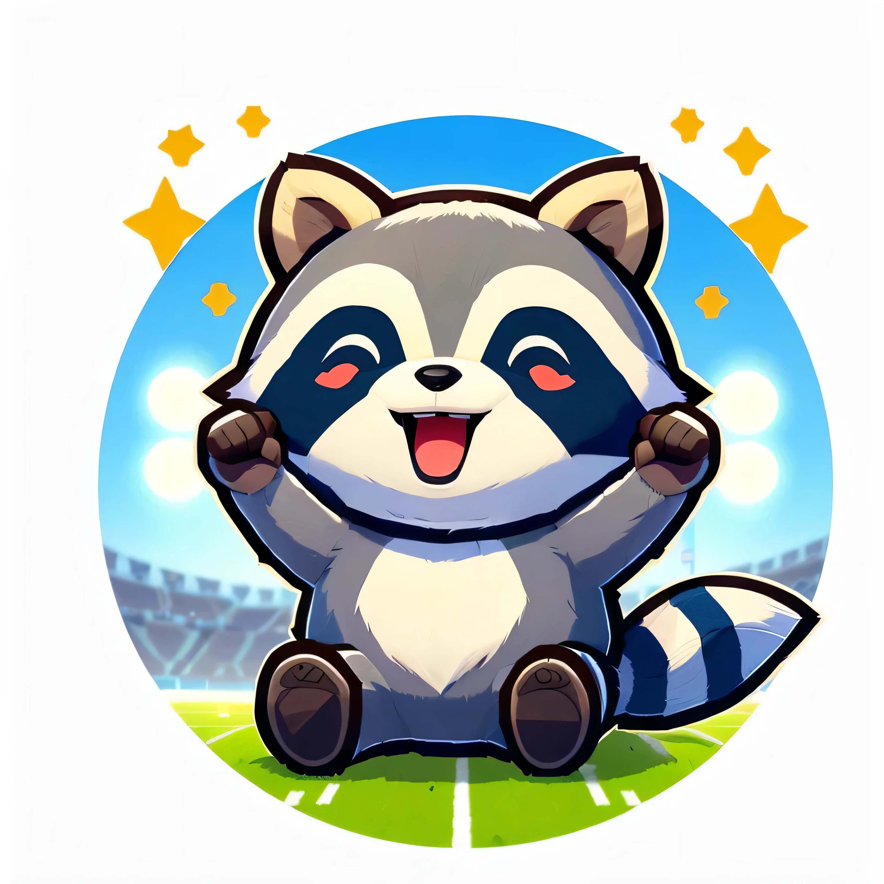 cartoon raccoon sitting on a field with a football field in the background, raccoon, Mobile Game Art, 3D icons for mobile games, raccoon, Mascot illustration, Football mascot, anthropomorphic raccoon, extremely happy raccoons, sports mascot, Wild Shape : raccoon, Sports team mascots, Telegram Stickers, game icon asset, Game illustrations, Telegram Stickers design