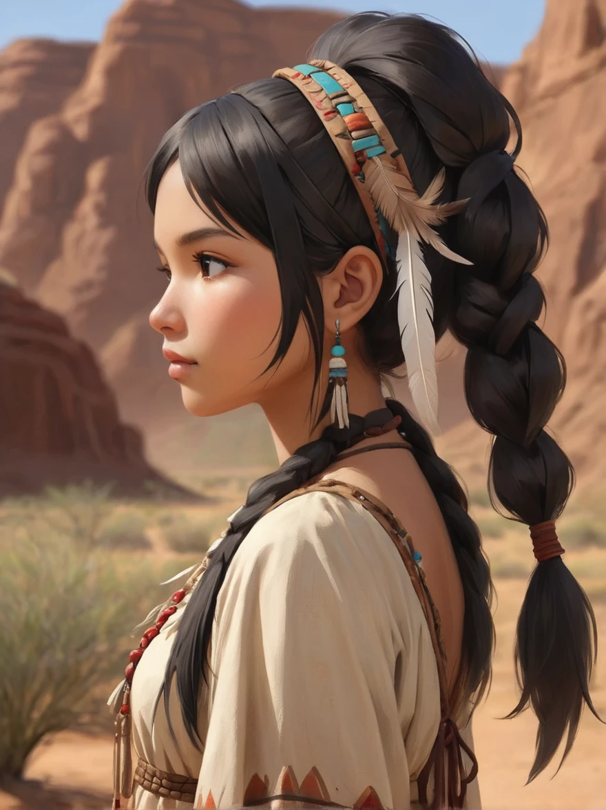 cheyenne、profile、Upper Body、masterpiece、Highest quality、1 beautiful girl、Black Hair、Twin tails、20-year-old、Feather hair ornament、head band、Brown skin、dress、Native American、Upper Body、profile、scenery、desert