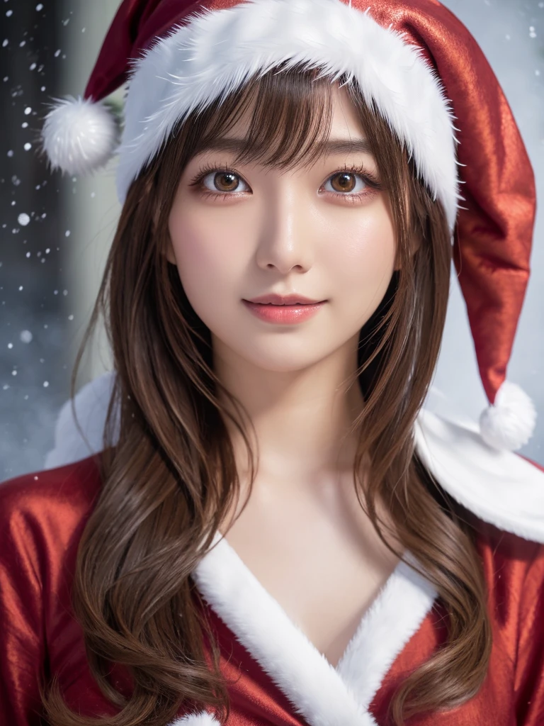 head shot,beautiful detailed eyes,droppy eyes,beautiful detailed lips, extremely detailed eyes and face, long eyelashes, 1japanese girl, fantasy character, (Santa Claus costume:1.25),smile,short hair,highly detailed, dramatic lighting, glowing effects, mist, intricate details, volumetric lighting, cinematic composition, hyper realistic, 8k, best quality, masterpiece, photorealistic,Highres fix,snowy night