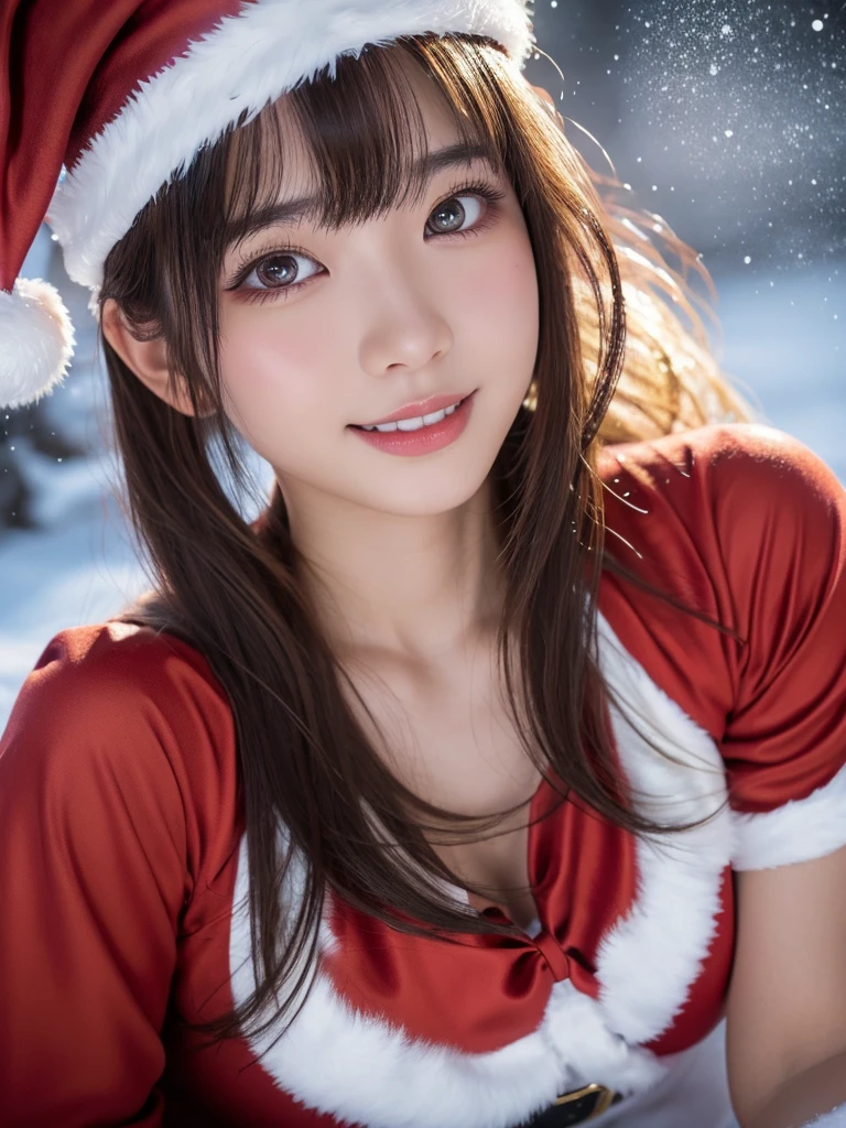 head shot,beautiful detailed eyes,droppy eyes,beautiful detailed lips, extremely detailed eyes and face, long eyelashes, 1japanese girl, fantasy character, (Santa Claus costume:1.25),smile,short hair,highly detailed, dramatic lighting, glowing effects, mist, intricate details, volumetric lighting, cinematic composition, hyper realistic, 8k, best quality, masterpiece, photorealistic,Highres fix,snowy night