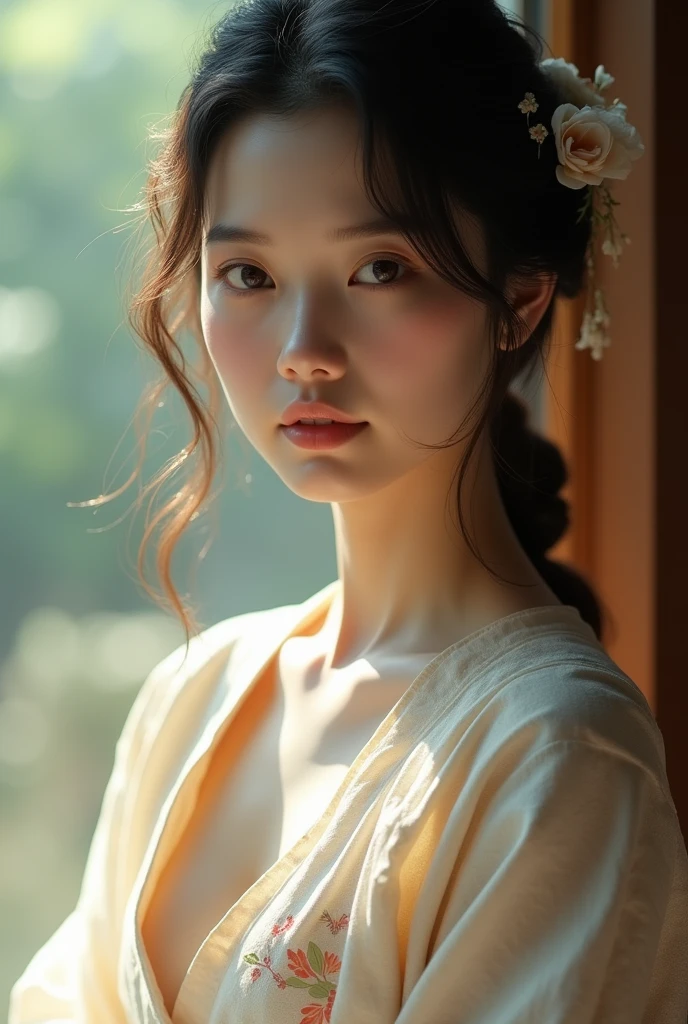 An elegantly dressed Japanese woman in natural light、A close-up of her chest and calm expression.、It shows her inner peace and outer charm.。