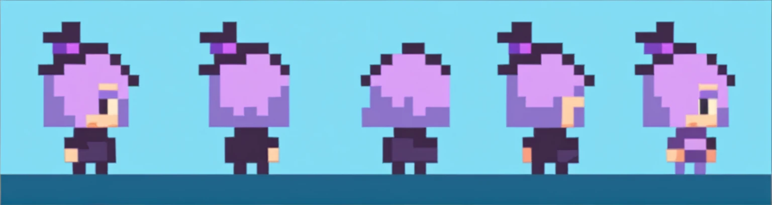 score_9_up, score_8_up, score_7_up, upper body, from behind, facing away, 1girl, Lily, LilyDuolingo, girl, light purple hair, hair over one eye, thin body, , purple nails, small breasts, purple sweater, purple leggings, top hat, , simple background, chibi, pixel art, full body