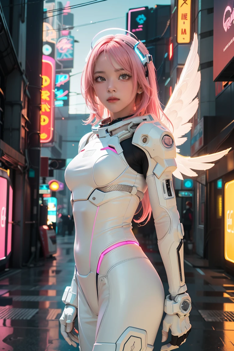 ((masterpiece, best quality, extremely detailed), volumetric lighting, ambient occlusion, colorful, glowing), 1girl, solo, young girl, (pink hair), long hair, halo, aura, sacred, godness, cyber suit, (white outfit:1.3), android, bot, angel wings, outdoors, sunset, sky, clouds, space, (cyberpunk theme:1.2),