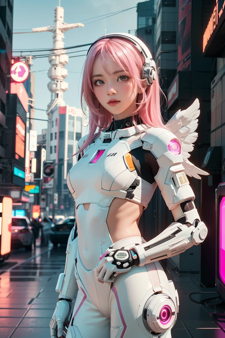 ((masterpiece, best quality, extremely detailed), volumetric lighting, ambient occlusion, colorful, glowing), 1girl, solo, young girl, (pink hair), long hair, halo, aura, sacred, godness, cyber suit, (white outfit:1.3), android, bot, angel wings, outdoors, sunset, sky, clouds, space, (cyberpunk theme:1.2),