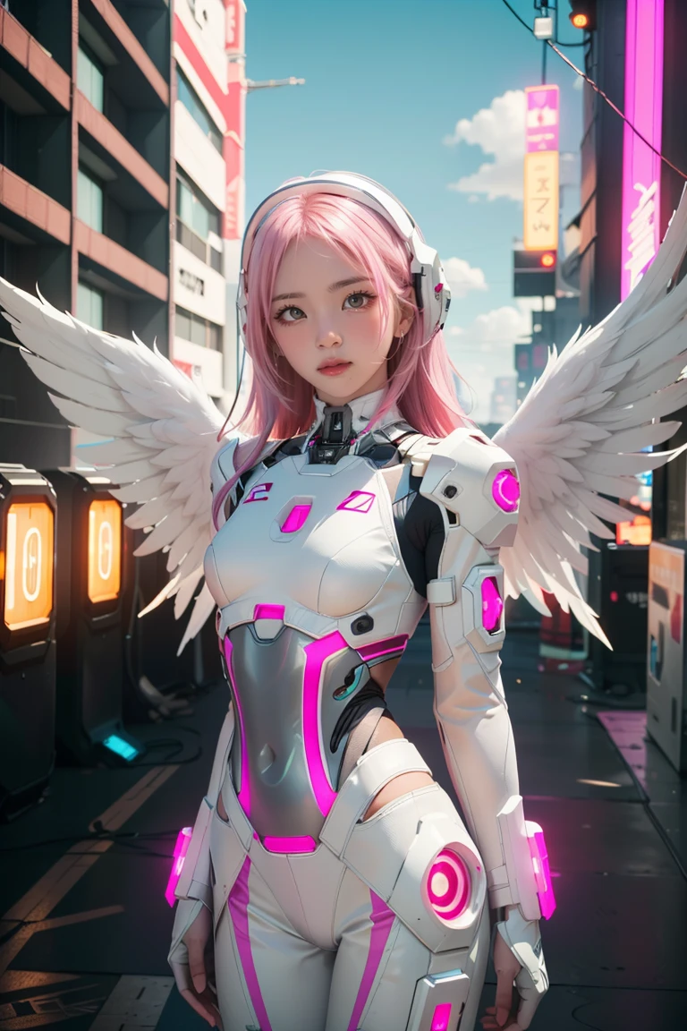 ((masterpiece, best quality, extremely detailed), volumetric lighting, ambient occlusion, colorful, glowing), 1girl, solo, young girl, (pink hair), long hair, halo, aura, sacred, godness, cyber suit, (white outfit:1.3), android, bot, angel wings, outdoors, sunset, sky, clouds, space, (cyberpunk theme:1.2),