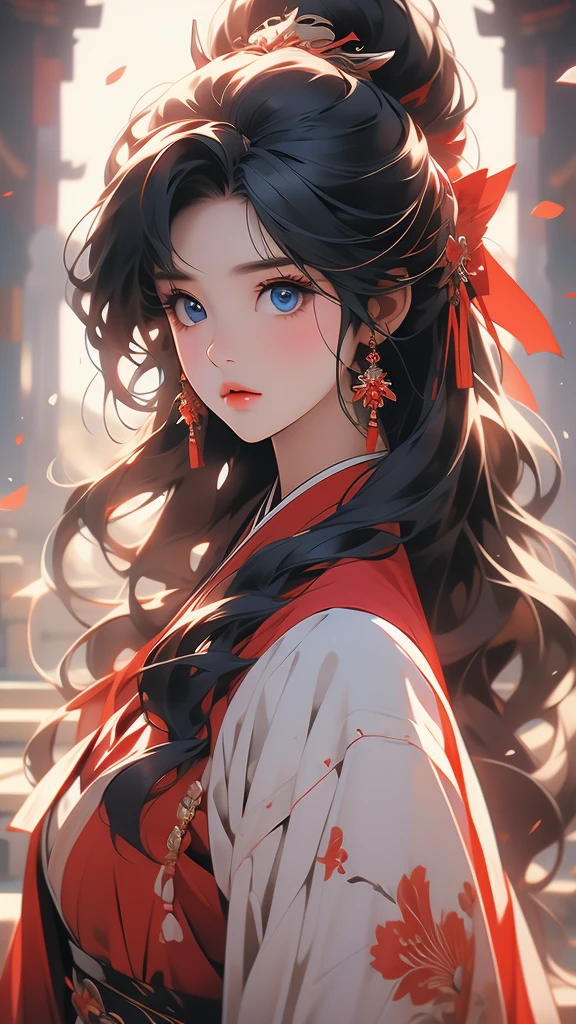 a young woman on a video games with dark hair, kimono and red headband, blue eyes, 1girl, red hair, hair ornament, looking at viewer, hanbok