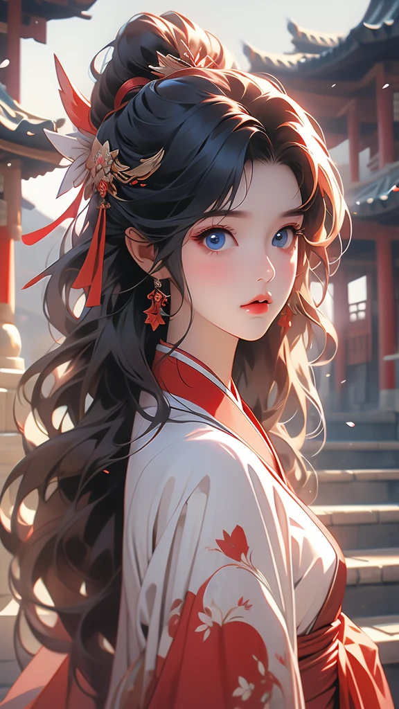 a young woman on a video games with dark hair, kimono and red headband, blue eyes, 1girl, red hair, hair ornament, looking at viewer, hanbok