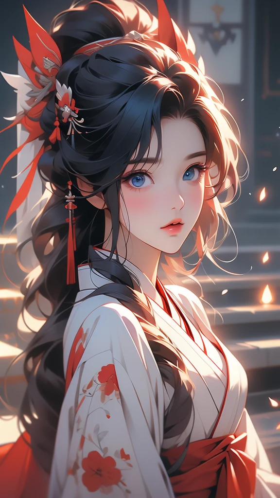 a young woman on a video games with dark hair, kimono and red headband, blue eyes, 1girl, red hair, hair ornament, looking at viewer, hanbok