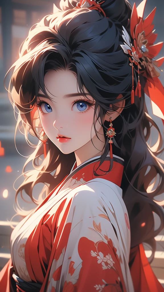 a young woman on a video games with dark hair, kimono and red headband, blue eyes, 1girl, red hair, hair ornament, looking at viewer, hanbok