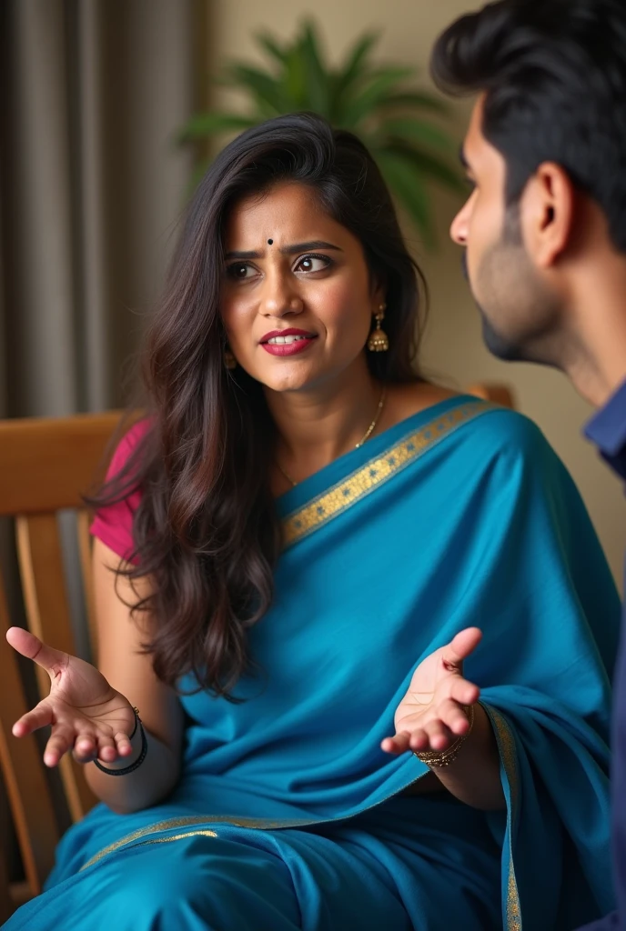 An indian woman, aged 30, in a blue saree, with left sided front bangs haircut. The bangs are asymmetrical and ackward. She is explaining her unhappy haircut experience to her husband.