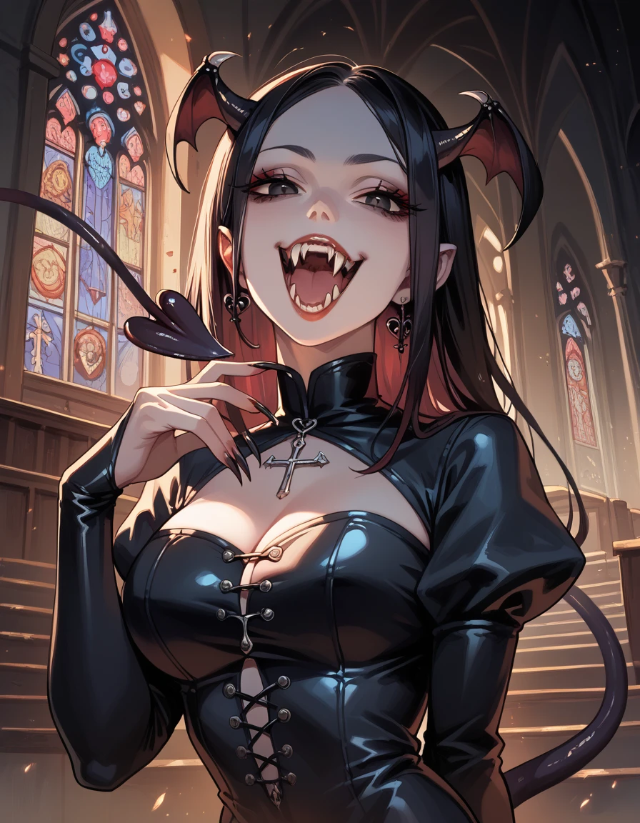 portrait oil on canvas painting , dark gothic church, beautiful busty Asian succubus woman, long thin demon tail, black eyes, sharp fangs, sharp teeth, vampire fangs, monster teeth, evil, dark, mysterious, black leather warlock dress, black smoke