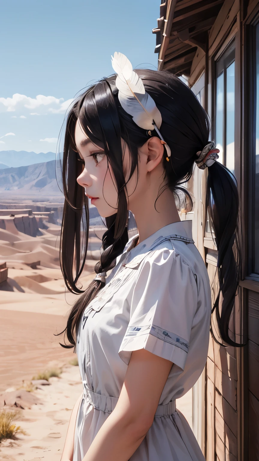 masterpiece、Highest quality、1 girl、Black Hair、Twin tails、Feather hair ornament、head band、Brown skin、dress、Native American、Upper Body、profile、scenery、desert