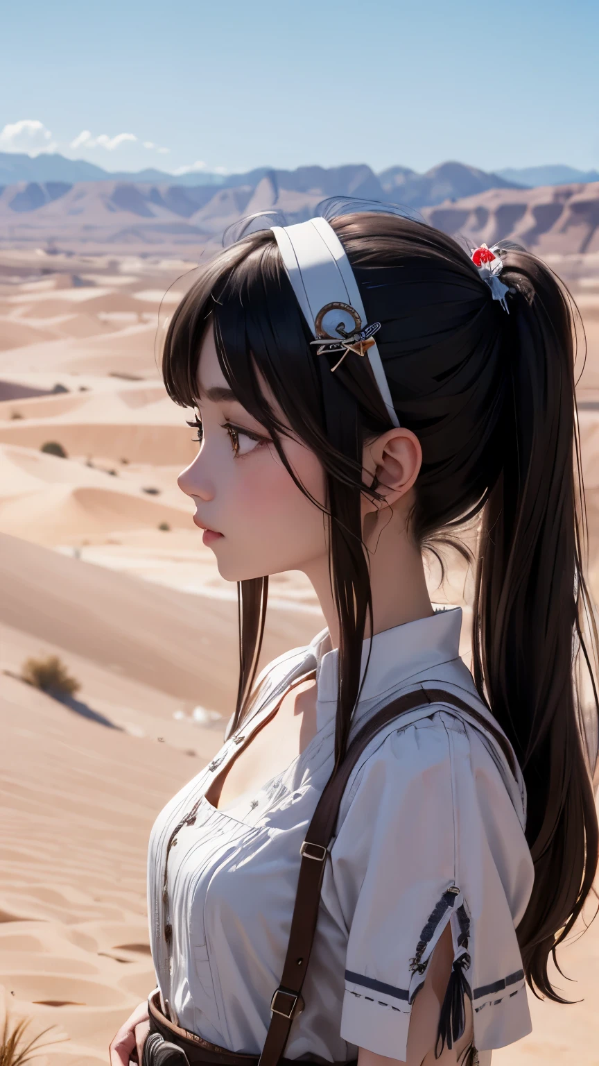 masterpiece、Highest quality、1 beautiful girl、Black Hair、Twin tails、20-year-old、Feather hair ornament、head band、Brown skin、dress、Native American、Upper Body、profile、scenery、desert