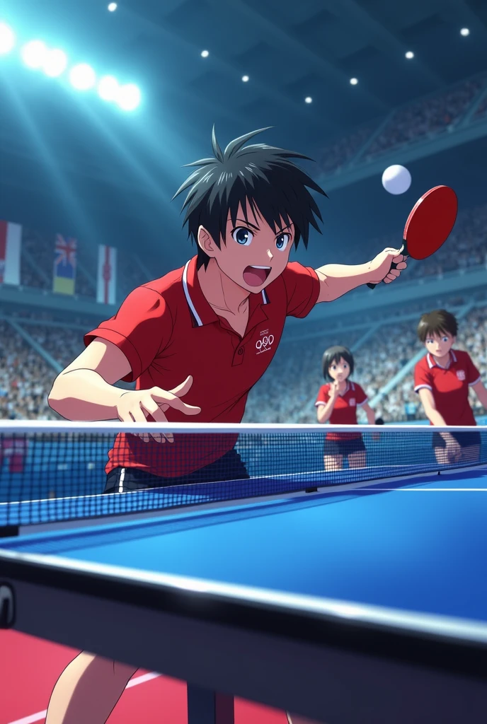 "Epic anime-style table tennis battle at the Olympics, dynamic poses, intense expressions, dramatic lighting effects, with a high-speed ball spinning in the air
Cool and confident anime table tennis player mid-swing, surrounded by a blur of motion, audience cheers in the background, energetic atmosphere 
Whimsical anime depiction of a table tennis player leaping for a return shot, Olympic rings glowing in the background, expressive face, energetic movement
Anime-style Olympic table tennis champion, holding the trophy with pride, national flag waving, crowd cheering, inspirational and victorious mood