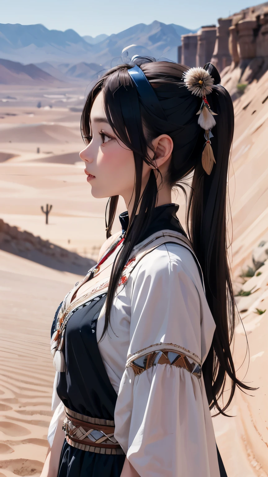 masterpiece、Highest quality、One beautiful woman、Black Hair、Twin tails、22 years old、Moderate bust、National costume、Feather hair ornament、head band、Brown skin、dress、Native American、Upper Body、profile、scenery、desert