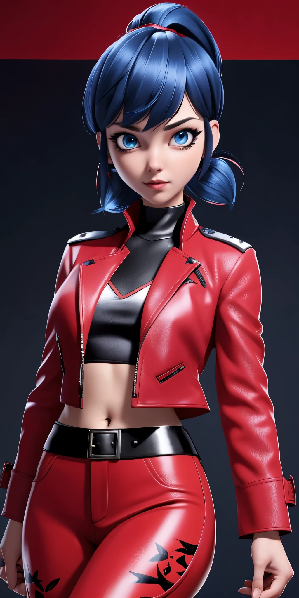 Dark blue, bob-cut hair with red-tipped ponytail, blue eyes, light makeup with winged eyeliner, neutral expression,red leather pants with floral design, black leather blazer, chest-up view