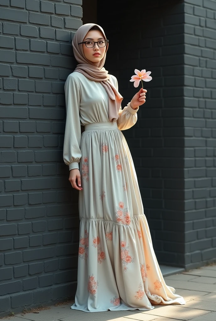 a bespectacled Muslim woman with a flower in hand, full-body, sensual body,  leaning against a black brick wall, neutral colors, muted and pastel colors, fashion style 1 9 9 0 , muted pastel colors, soft cool colors, pastel style, muted colors, wearing a long flowing floral skirt. "Calm blue bottom set", earthy colors, muted vintage colors, hijab, muslim fashion, dull neutral colors, feminine with pastel colors, neutral colors, muted colors, simple muted colors