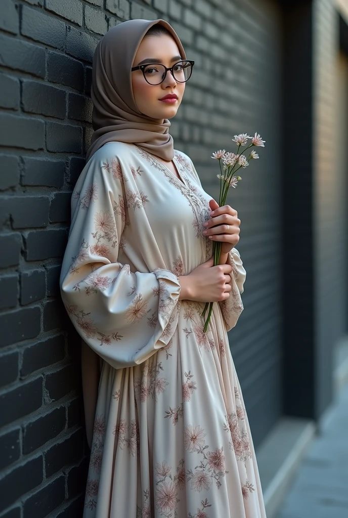 a bespectacled Muslim woman with a flower in hand, full-body, sensual body, leaning against a black brick wall, neutral colors, muted and pastel colors, fashion style 1 9 9 0 , muted pastel colors, soft cool colors, pastel style, muted colors, wearing a long flowing floral skirt. "Calm blue bottom set", earthy colors, muted vintage colors, hijab, muslim fashion, dull neutral colors, feminine with pastel colors, neutral colors, muted colors, simple muted colors