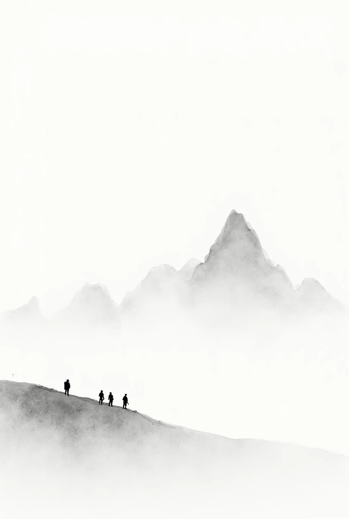 (大量留White:1.5),White, White色背景, simple, Minimalism, Abstract,Mode,Aesthetic,黑与White,Ink Painting,Ancient,a mountain,People in the distance