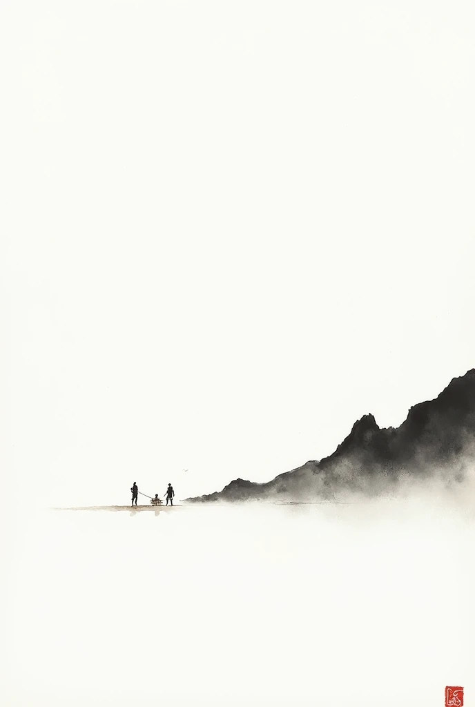 (大量留White:1.5),White, White色背景, simple, Minimalism, Abstract,Mode,Aesthetic,黑与White,Ink Painting,Ancient,a mountain,People in the distance