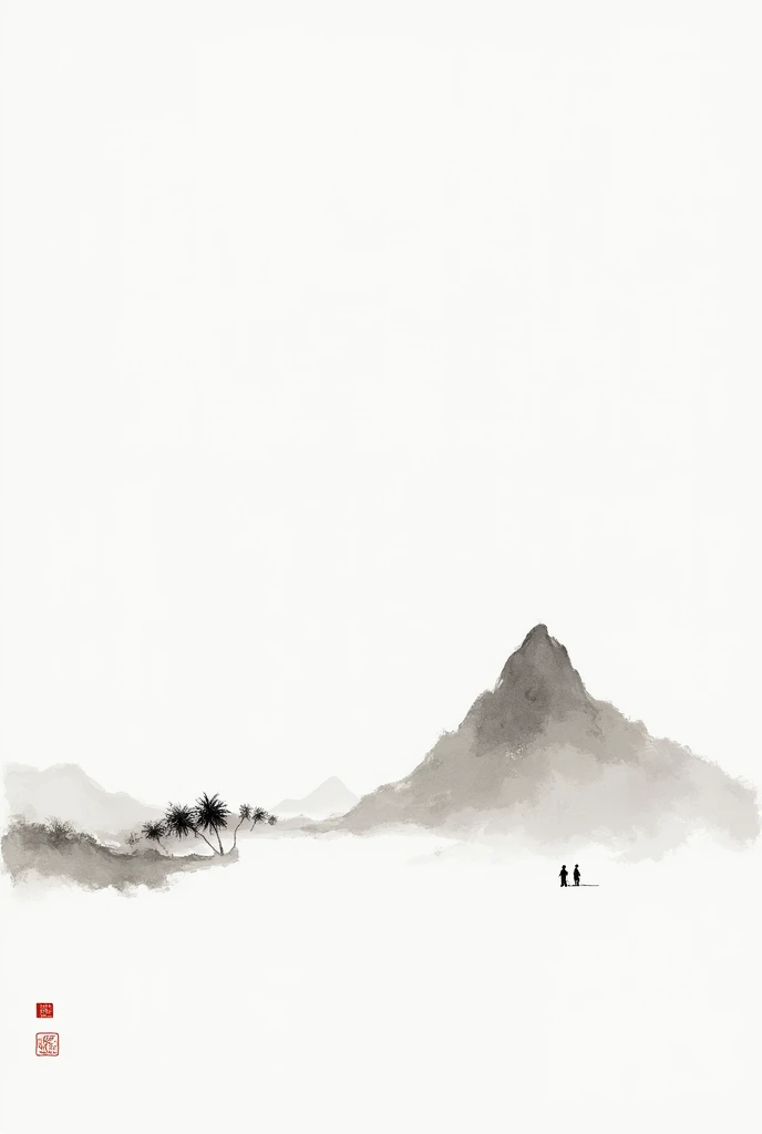 (大量留White:1.5),White, White色背景, simple, Minimalism, Abstract,Mode,Aesthetic,黑与White,Ink Painting,Ancient,a mountain,People in the distance