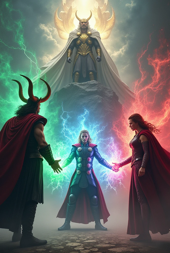 Loki with horn and green magic,
Thor with blue aura and lightning,
Scarlet witch with red aura and warping reality. Odin with yellow aura on top of them with frigga with white aura