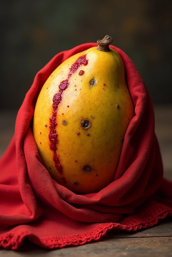 a rotten mango wrapped with a red shawl and a long red tilak
