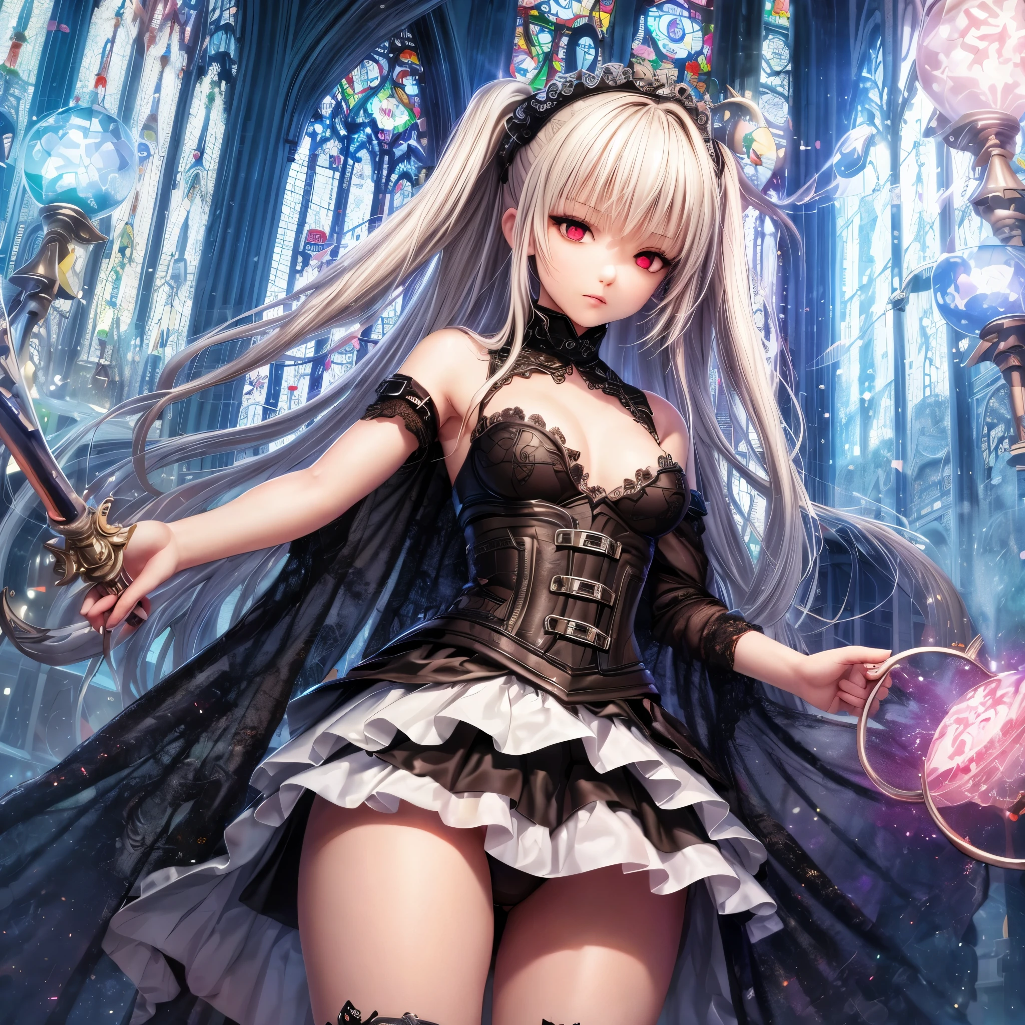 quality,8k,Highly detailed CG unit, masterpiece,High resolution,top-quality, real texture skin,surreal,Increase the resolution,RAW Photos,highest quality,Very detailed,From below,Cool Beauty,Glamour Women, Cool pose,Gothic ta,A skirt full of frills,Red accent embroidery,long hair shining white, Mysteriously glowing crimson eyes, Queen, world, Crystal Flower,Sparkling stained glass like a kaleidoscope,Majestic cathedral,Layered skirt with details, Detailed embroidery, Very layered ruffles, Detailed Texture,A geometric magic circle above your head,Ornamented silver walking stick,The hidden forbidden sanctuary,
