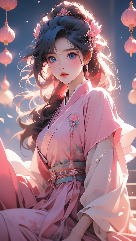 a young asian woman with large blue eyes wearing a pink dress, blue eyes, 1girl, red hair, hair ornament, looking at viewer, hanbok