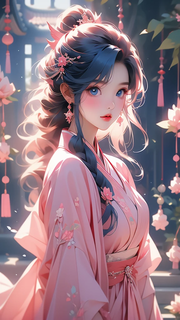a young asian woman with large blue eyes wearing a pink dress, blue eyes, 1girl, red hair, hair ornament, looking at viewer, hanbok