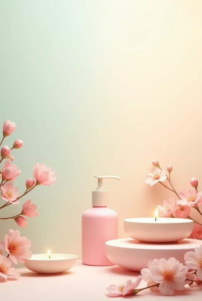 A moodboard for skincare, with 3 pastel colors, texture to be a gradient of the colors, overall to be a fresh and natural and the imagies to be with skincare