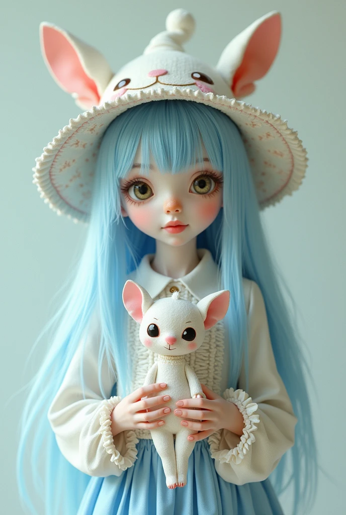 Girl, White skin, with stitch hat, long hair with light blue bangs, white stitch shirt, no socks and a light blue skirt, a stitch doll in hand