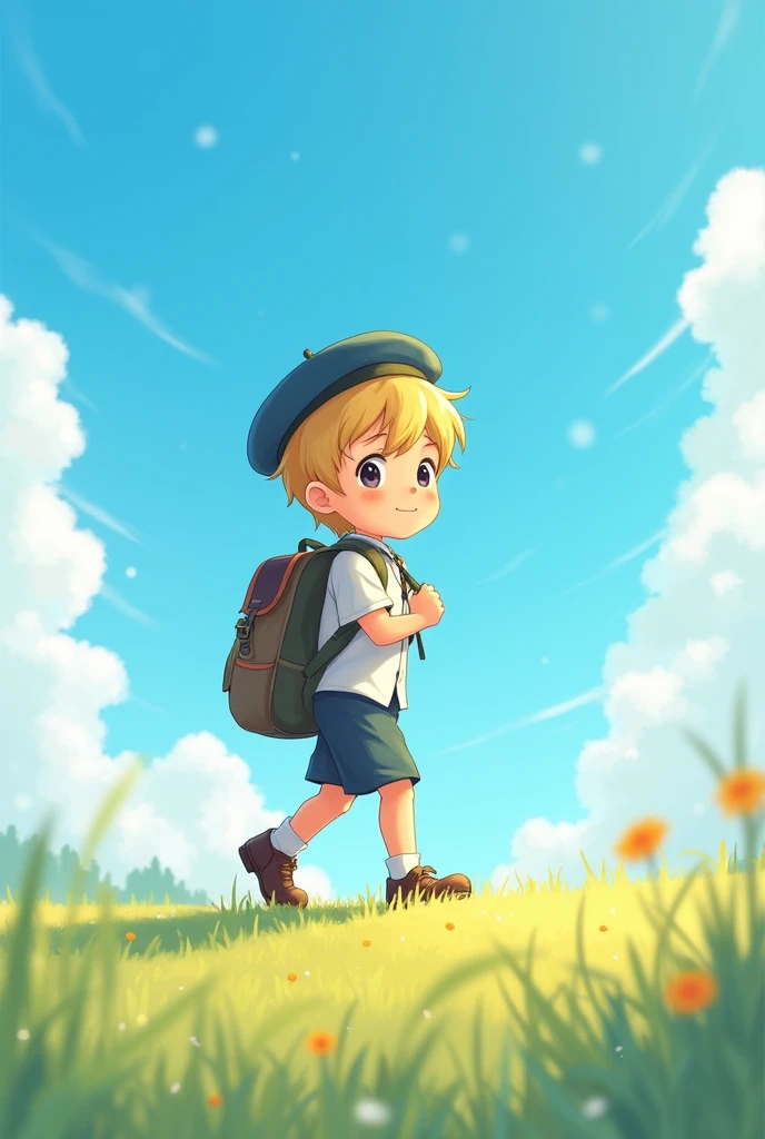 Under the blue sky, with blonde hair and wearing a beret、A cute boy wearing a uniform and carrying a backpack