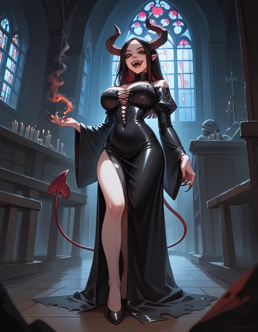 portrait oil on canvas painting , dark gothic church, beautiful busty Asian succubus woman, long thin demon tail, black eyes, sharp fangs, sharp teeth, vampire fangs, monster teeth, evil, dark, mysterious, black leather warlock dress, black smoke, demon horns, full body view