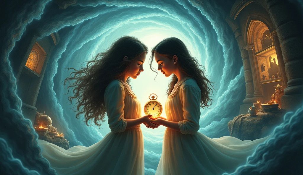 The twins, Mia and emily, are depicted at the center of a swirling time vortex. They are holding the mysterious pocket watch, which glows brightly. Around them, images from different historical eras (like the Colosseum, a Viking ship, and Leonardo da Vinci’s workshop) are emerging from the vortex.