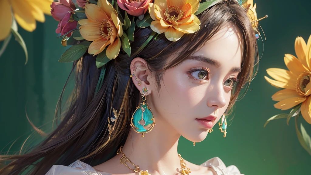32K, 最高quality, 最高masterpiece, (ultra-Detailed Background, Detailed Background), High resolution, Super detailed, Very detailedな, One girl, (bouquet:1.3), (Tangled:1.2), (Geometric:1.2),(colorful),(masterpiece, quality, best quality, Official Art, Beautiful and beautiful:1.2), (1 girl:1.3), Very detailed,(colorful:1.1)(Flowers:1.3),Most detailed,(Tangled:1.2), whole body, (Abstract background:1.3), (Skin glows), (Many colors:1.4), ,(Earrings Jewelry:1.5), Light green background,