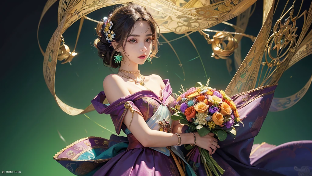 32K, 最高quality, 最高masterpiece, (ultra-Detailed Background, Detailed Background), High resolution, Super detailed, Very detailedな, One girl, (bouquet:1.3), (Tangled:1.2), (Geometric:1.2),(colorful),(masterpiece, quality, best quality, Official Art, Beautiful and beautiful:1.2), (1 girl:1.3), Very detailed,(colorful:1.1)(Flowers:1.3),Most detailed,(Tangled:1.2), whole body, (Abstract background:1.3), (Skin glows), (Many colors:1.4), ,(Earrings Jewelry:1.5), Light green background,