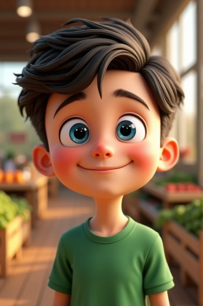 Cartoon character of a 15 year boy with , green shirt, blue colored eyes, blue colored eyes, rosto fatter, chubby face, feeling happy, with an image background being a glocery Shop farm, animation character, stylized character, animation style rendering, 3d stylized, Arnold Maya rendering, Stylized 3D rendering, toon render screenshot, 3d character, 3d character, Stylized 3D rendering, 3D character rendering, cartoon character, Personagem de close up, character posing, (Pixar-style) (master part:1.2) (bokeh) (best qualityer) (skin detailed) (detailed texture) (8k) (Argilla) (cinematic lighting) (sharp focus