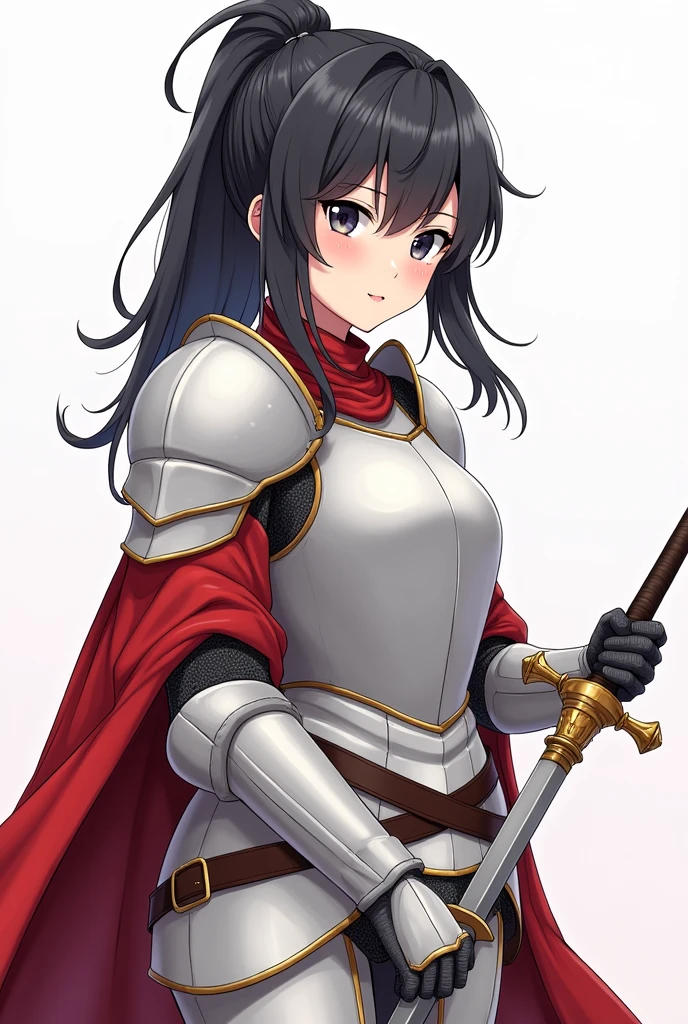 Illustration of an adult female knight, cool and cute, from the chest up. 
Black hair in a ponytail. 
Armor is primarily white and red. 
She is equipped with a rapier in her right hand.