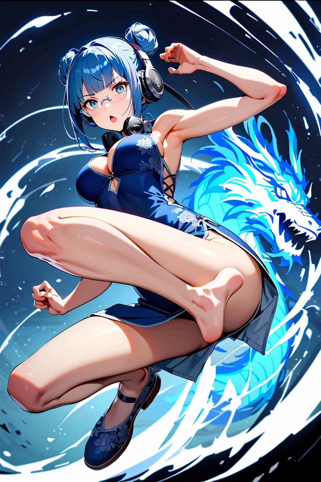 (extremely detailed fine touch:1.3), (((silver semi-rimless eyewear:1.3))), (wear silver headphones around neck:1.0), blue short hair, double bun, blunt bangs, 1girl, solo, full body,
kung fu pose, Kicking, earring, serious, chestnut mouth, make up, bare arms, medium breasts, cleavage, extremely detailed blue beautiful Cheongsam, china shoes, extremely detailed, chinese blue dragon, blue flame,