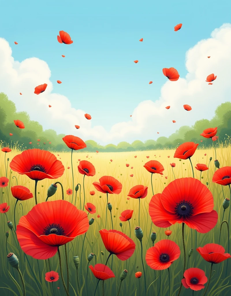 Masterpiece, high quality, best composition, illustration, many red flowers blooming in the field on a sunny day, beautiful poppies, looking up. red poppies.