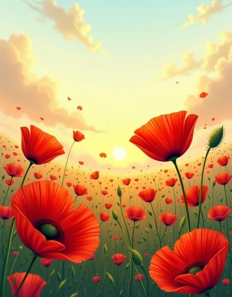 Masterpiece, high quality, best composition, illustration, many red flowers blooming in the field on a sunny day, beautiful poppies, looking up. red poppies.
