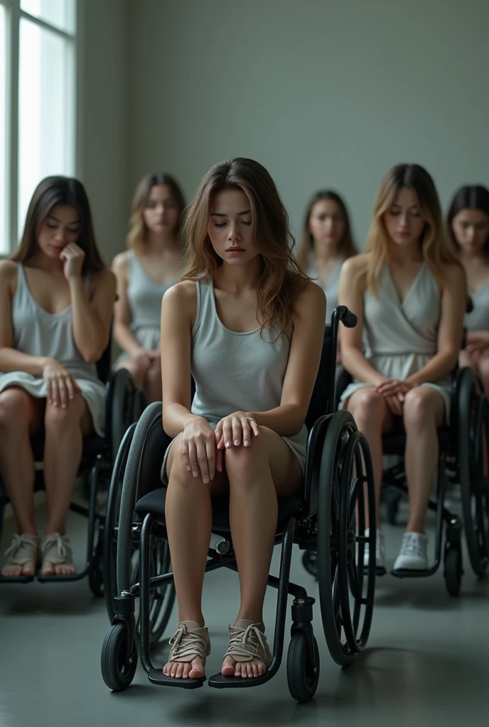 (Photorealism 16K Realism), ((Ultra-realistic body proportions, Anatomically correct:1.3)), (10 girls in wheelchairs:1.4), ((Very troubled look:1.2)),