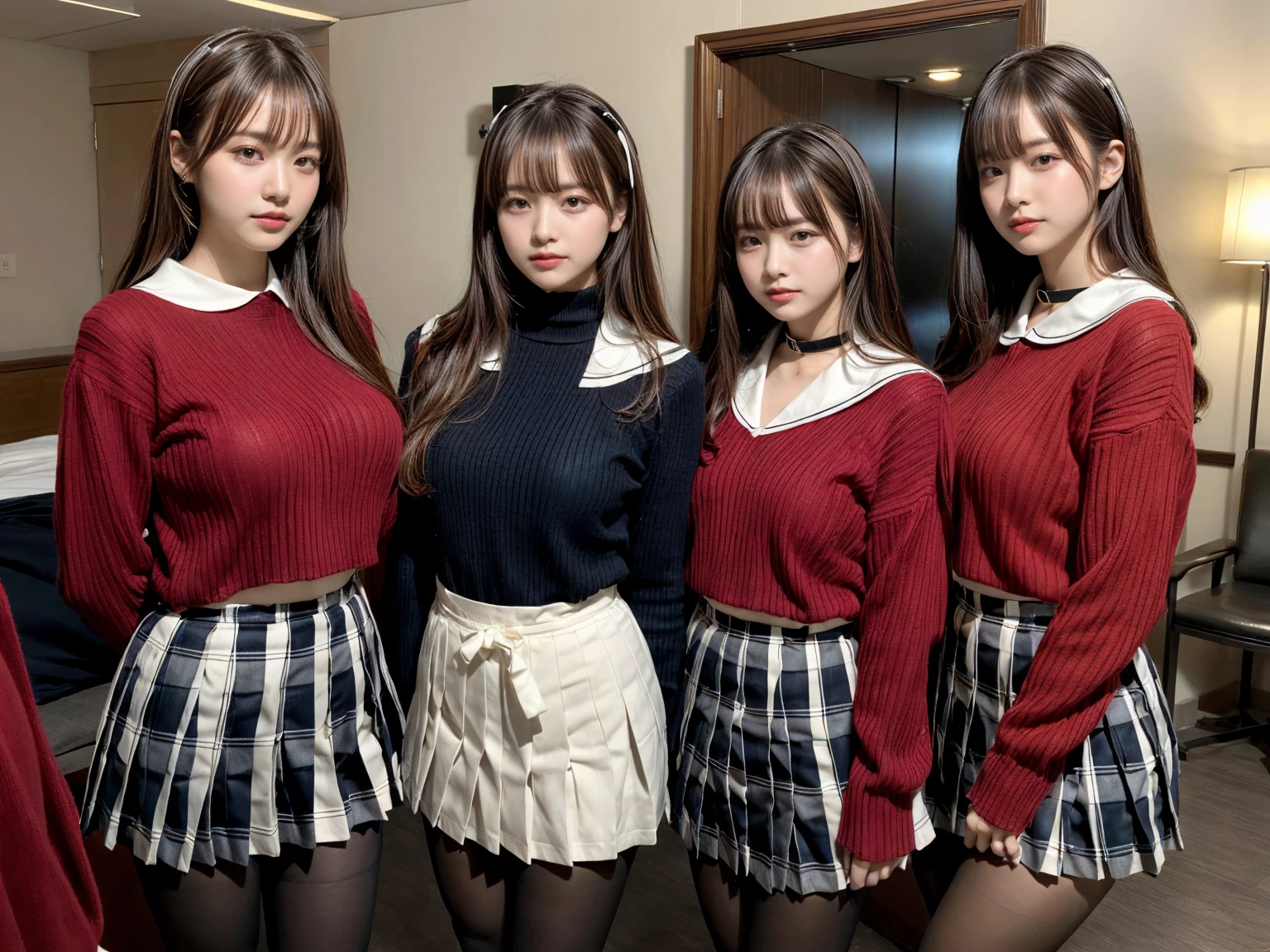 masterpiece, best quality, illustration, Super detailed, fine details, High resolution, 8K,wall paper, perfect dynamic composition,(Details High quality, realistic depiction of eyes:1.3), (3 girls), BREAK (red theme:1.4), (school uniform:1.2), (fusion of red sweater and red shirt with sailor-collar:1.4), (tucked out uniform tops:1.4), (long sleeve:1.2), BREAK (yellow theme:1.3), (sailor-collar with yellow ribbon:1.3), BREAK (black and white plaid-pattern pleated-skirt:1.3), (pantyhose:1.2), sitting, open legs, short bob hair, in a hotel room in the background, deep on field, large breasts, black hair color, Big Natural Color Lip, (perfect body shape), crying a little、Harajuku style、20 year old girl、cute type、beautiful legs, Gravure Idol