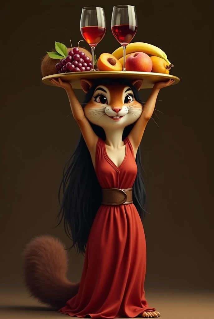 An anthropomorphic brown female chipmunk with black hair to the ground in a crimson floor-length tunic with a brown belt and no sleeves. She carries on her head a golden plate with glasses of red and white wine., with grapes, bananas, coconuts and peaches. The background is dark brown.