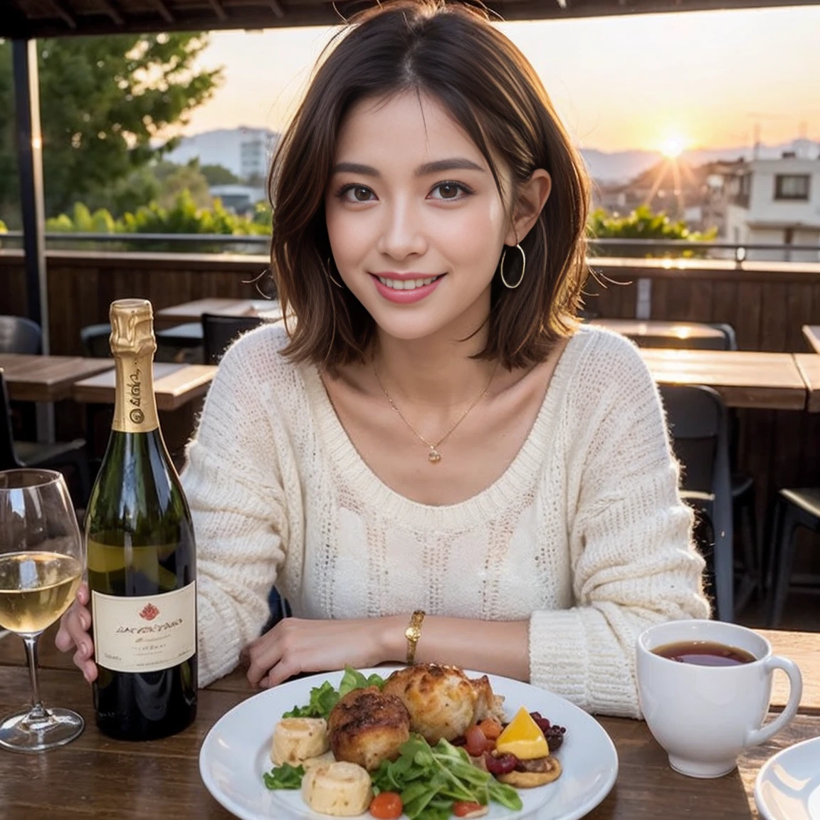 (Realistic:1.1),(masterpiece,Highest quality),8k,(49 years old), 53 years old, ベリーslimボディ、slimカップル、Tight waist,Upper Body,full-course dinner、wine 、Amazing view of the sunset sky and clouds、Perfect Anatomy, Brown Hair, short hair,Random Hairstyles,((Highly detailed face and eyes:1.2)),Perfect golden ratio face,Long sleeve shirt、dress,(smile:1.2)、Shortcuts、cute、(Realistic, Intricate details:1.2), A bright smile、short hair,Bright Face、赤wine 、Appetizers、Italian food、wine bottle、Champagne、スパークリングwine、(slimな顔), (The body is slim), (Brown Hair), (Shortcuts), Upper Body, 白wine, slim, wineグラス,