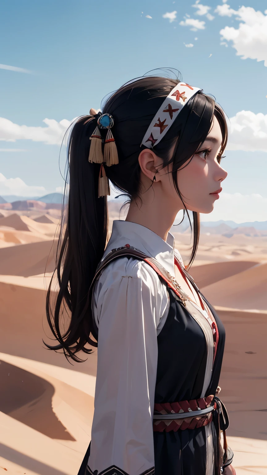 masterpiece、Highest quality、One beautiful woman、Black Hair、Twin tails、22 years old、Moderate bust、National costume、Feather hair ornament、head band、Brown skin、dress、Native American、Upper Body、profile、scenery、desert