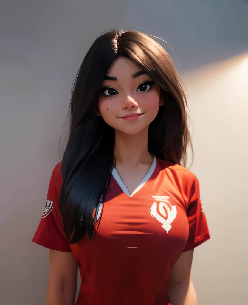 Create a full 3D cartoon style body with a big head. A 25 year old Indonesian woman. Height, ideal body, oval face shape. beautiful, slightly round eyes, clean white skin, thin sweet smile. Long black hair with shagy layers. Wearing a red shirt. Body position is clearly visible. The background is solid white. Use soft photography lighting, hair lighting, top lighting, side lighting. Highest quality photos, Uhd,16k