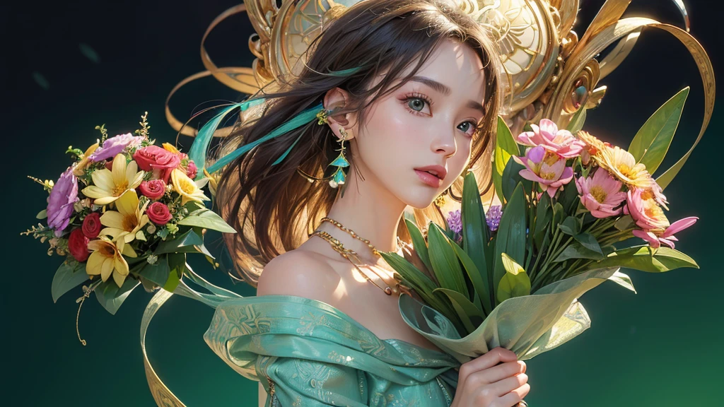 32K, 最高quality, 最高masterpiece, (ultra-Detailed Background, Detailed Background), High resolution, Super detailed, Very detailedな, One girl, (bouquet:1.3), (Tangled:1.2), (Geometric:1.2),(colorful),(masterpiece, quality, best quality, Official Art, Beautiful and beautiful:1.2), (1 girl:1.3), Very detailed,(colorful:1.1)(Flowers:1.3),Most detailed,(Tangled:1.2), whole body, (Abstract background:1.3), (Skin glows), (Many colors:1.4), ,(Earrings Jewelry:1.5), Light green background,